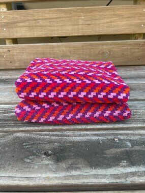 2 Vintage YSL Towels Chevron Abstract Geo Retro Bright Purple Red Orange Fringe